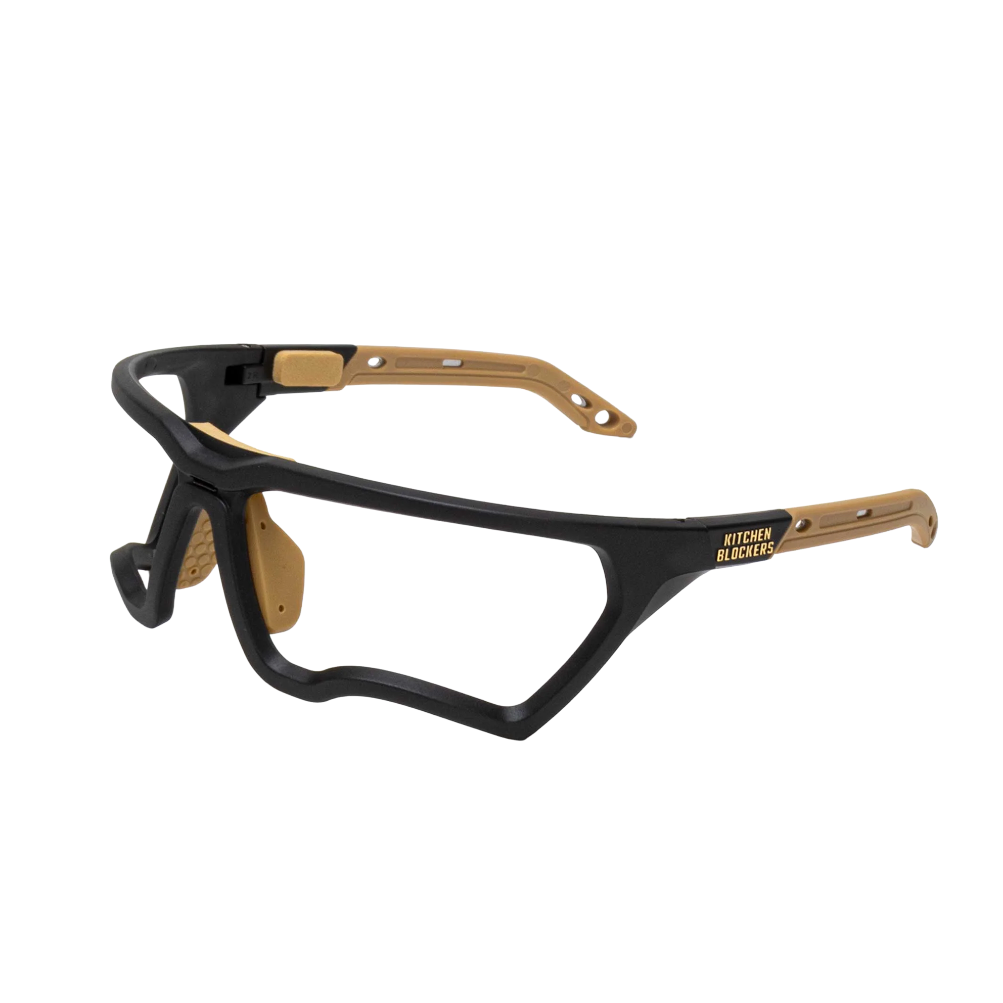 Black and gold safety glasses with 'Kitchen Revolution' branding on a white background